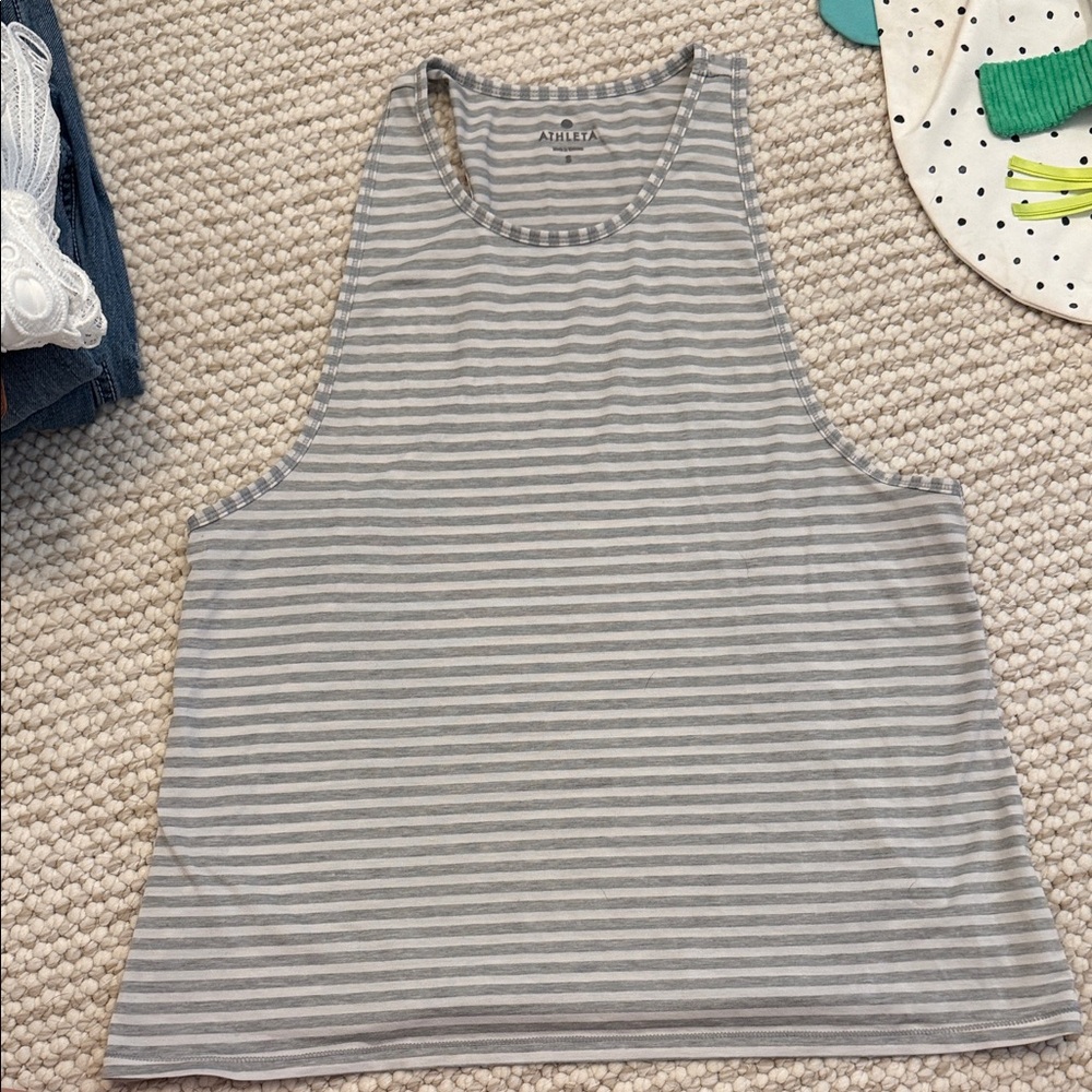 Athleta Light Gray and White Striped Sleeveless Top